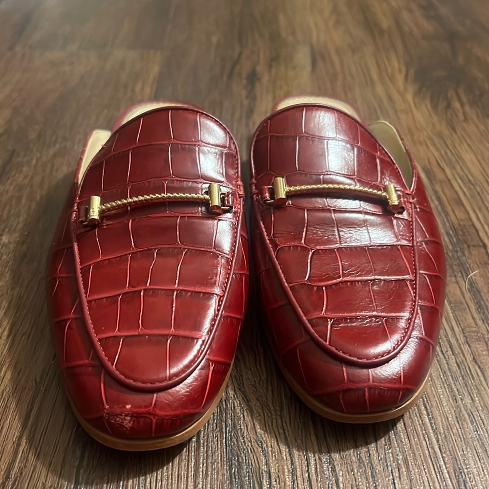 Sam Edelman Red Croc-Embossed Leather Mules with Gold Bit